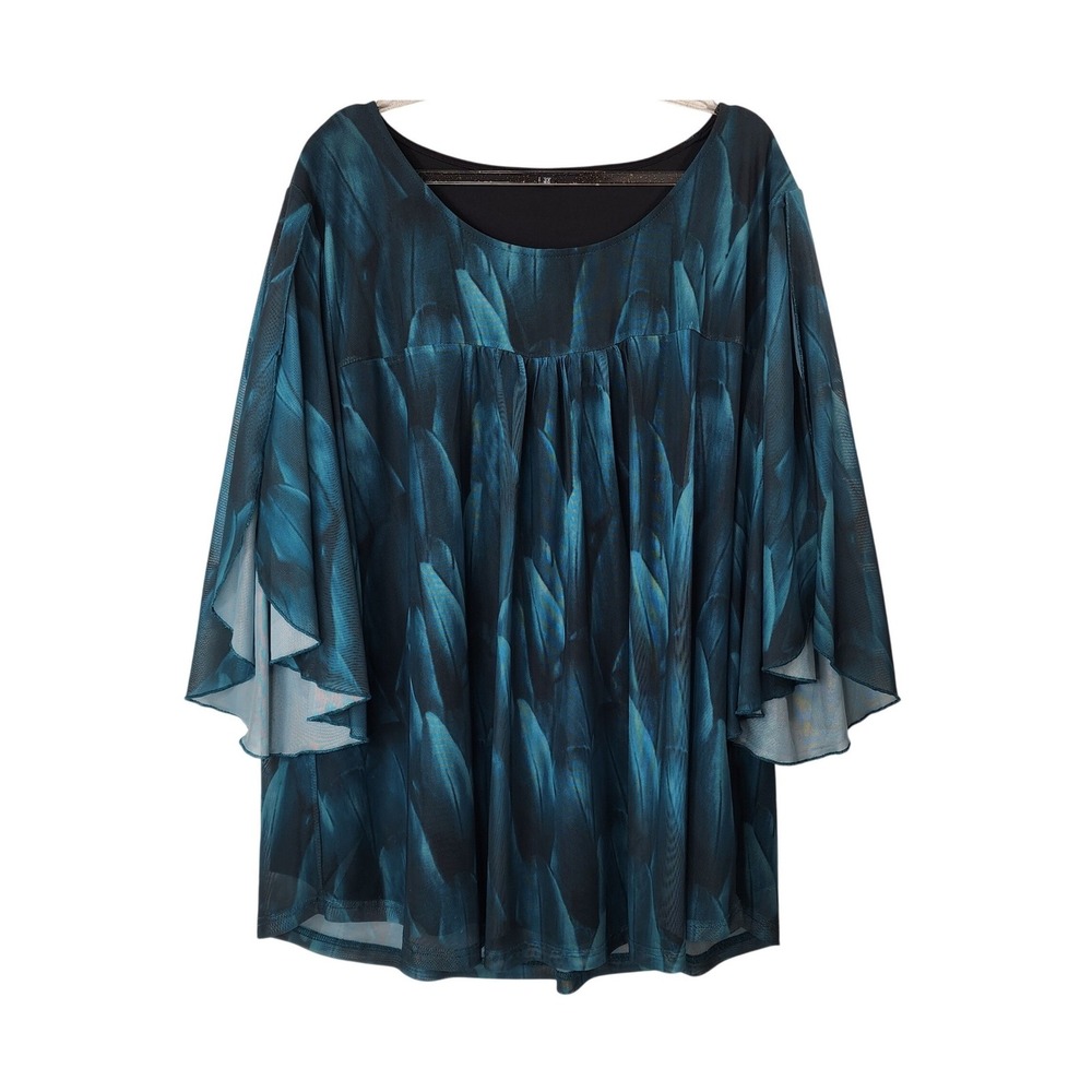 No Label Mesh Overlay Tunic 3X Teal & Black Print Flutter Sleeve Abstract Flowy